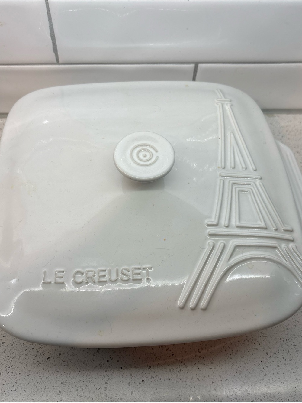 Le Creuset White Stoneware Covered Dish with Eiffel Tower Embossing